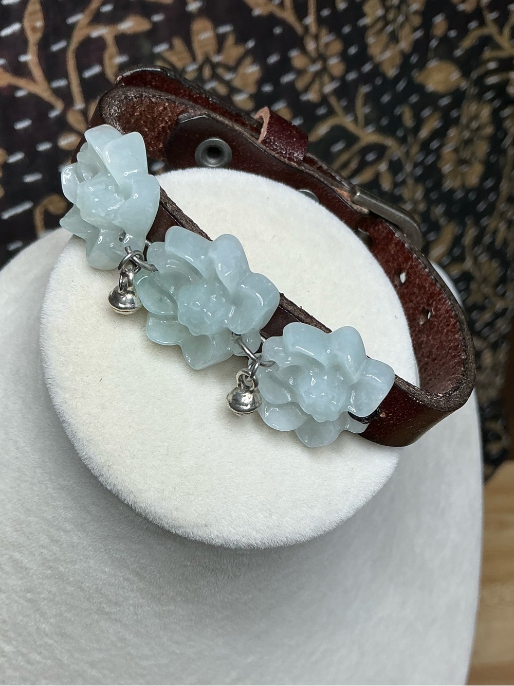 Brown Leather Strap with 3 Jadeite Flowers
